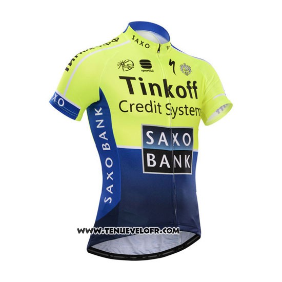 2014 Maillot Ciclismo Tinkoff Saxo Bank Bleu et Vert Manches Courtes et Cuissard